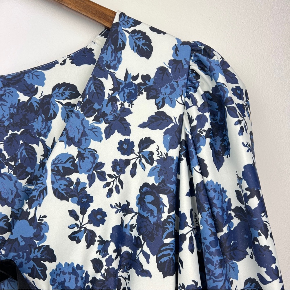 Smith & Quinn Floral Puff Sleeve Bow Detail Mini/Midi Dress Size Small Blue - Picture 6 of 12